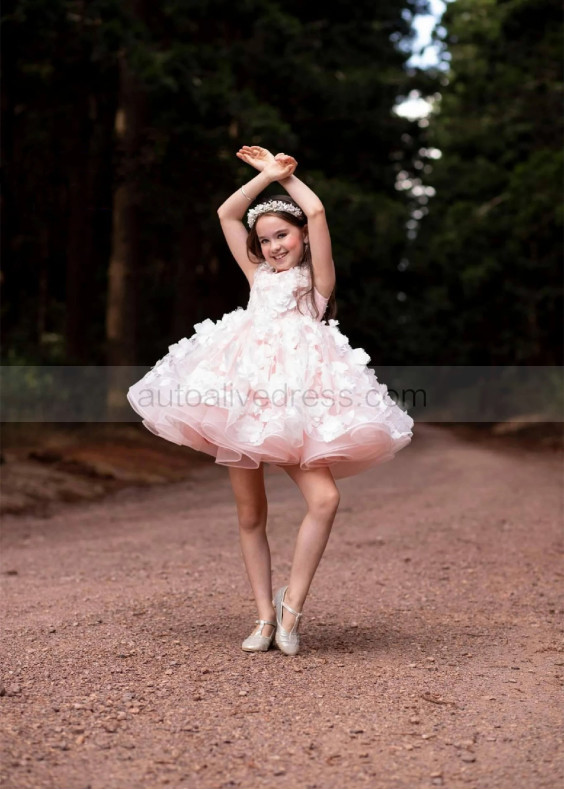 Pink 3D Flower Lace Organza Short Flower Girl Dress